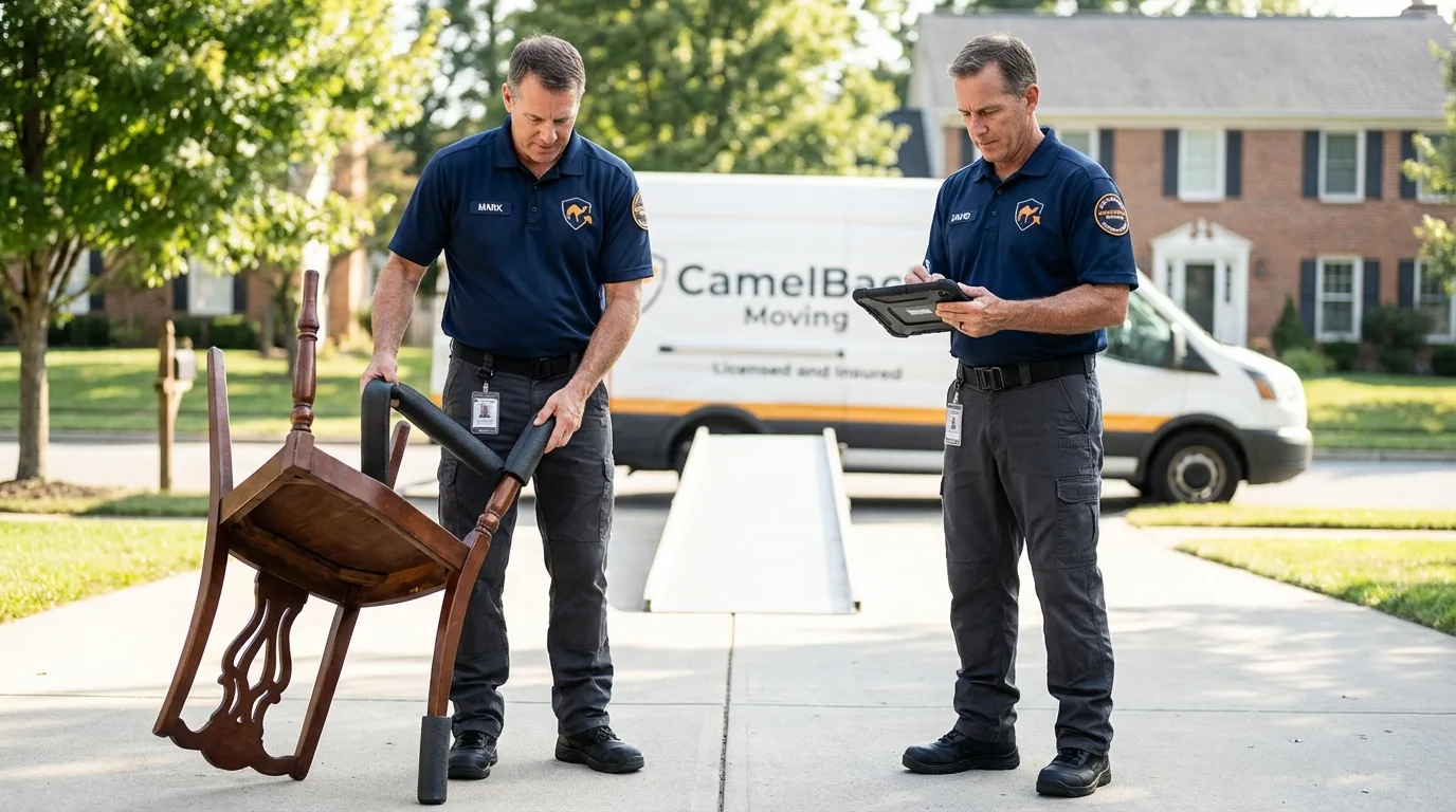 Movers inspecting furniture for damage prevention before loading in East Greenville, PA