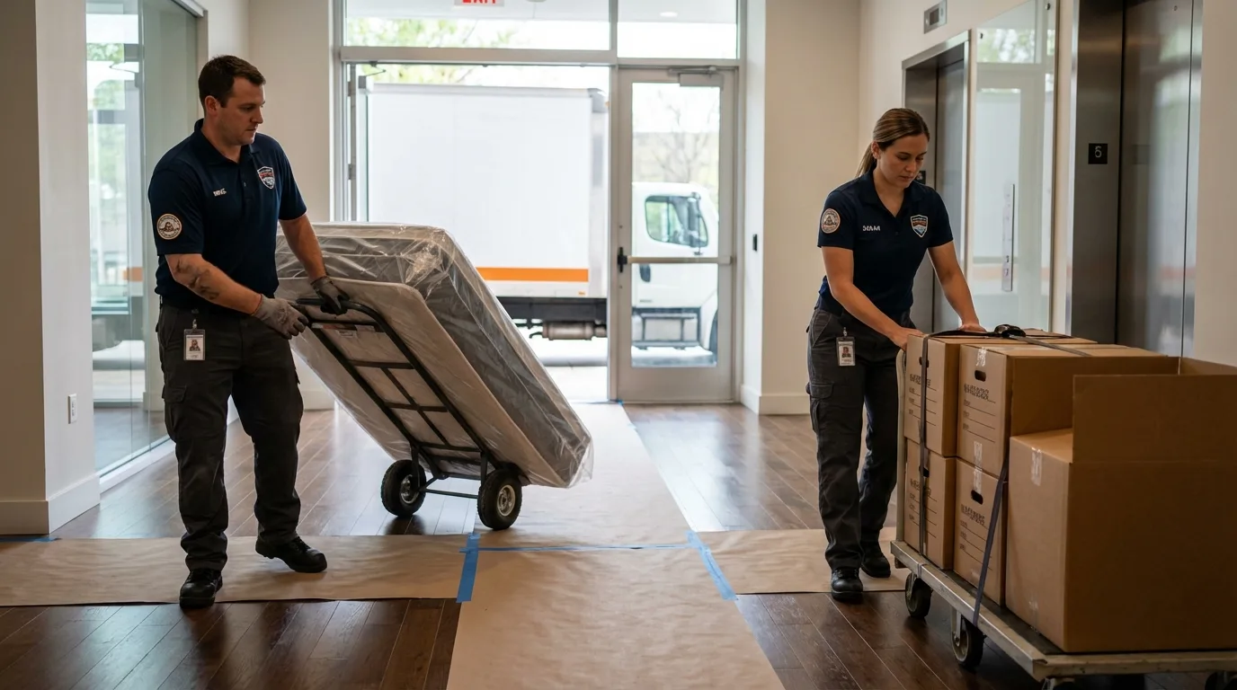 Professional apartment movers loading elevator in East Greenville, PA