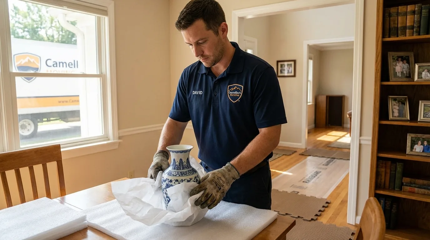 Professional crew carefully wrapping antique vase for senior downsizing move in East Greenville, PA